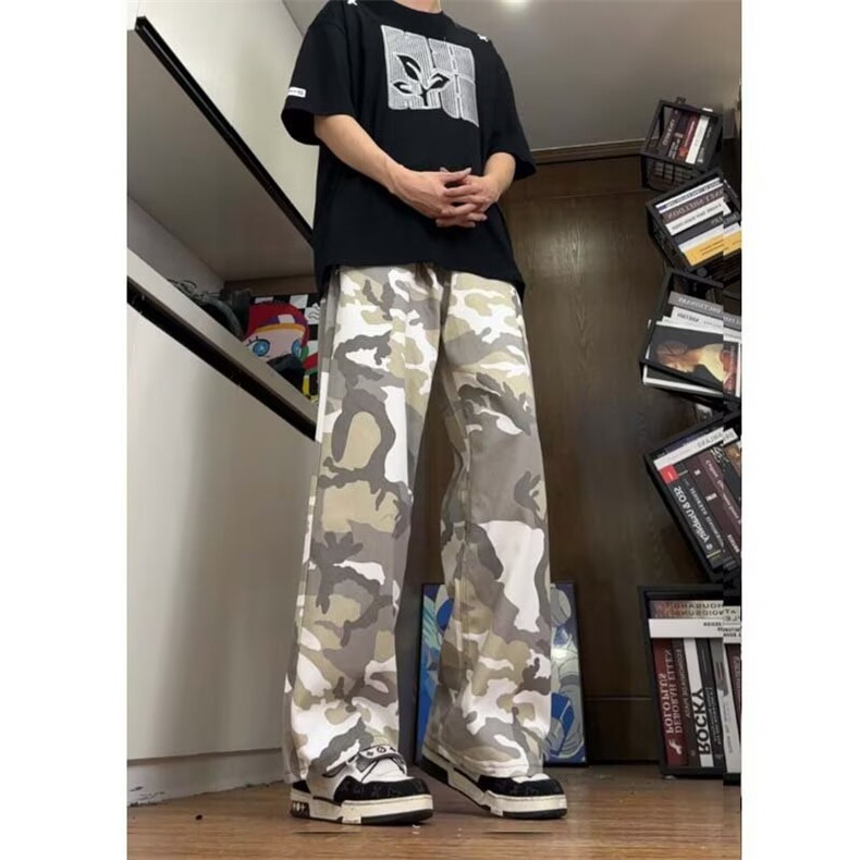 卡其色高腰迷彩工装牛仔裤男女2025夏秋季新款美式阔腿休闲裤子,男装牛仔裤,四季星座505