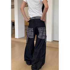 格纹大口袋弯刀拼接牛仔裤男女休闲直筒宽松休闲阔腿长裤NA545，男装牛仔裤，星座1116A（原606A-3）