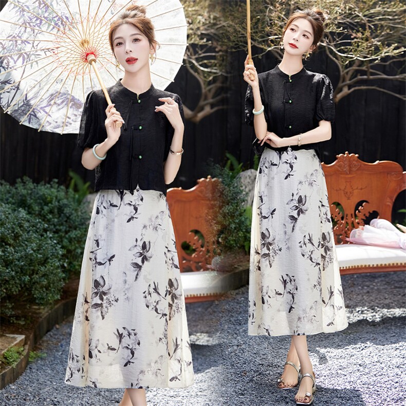 2024夏季两件套新中式盘扣两件套裙,女装套装/套裙,依如秀(原杭风阁)