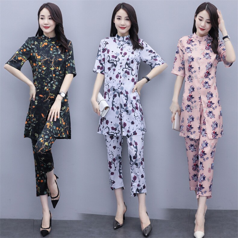 2021夏装新款时尚潮流百搭大码两件套套装印花套裤,女装套装/套裙,尚洛菲