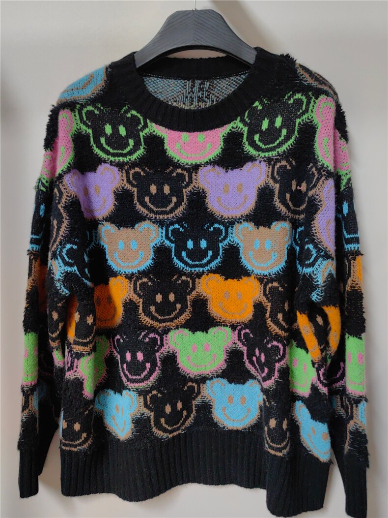 小熊笑脸黑色系毛巾绣设计，女装针织衫/毛衣，米田羊绒