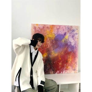 解构白色条纹开衫毛衣外套男潮高级感领针织衫美式上衣 MY9234图片