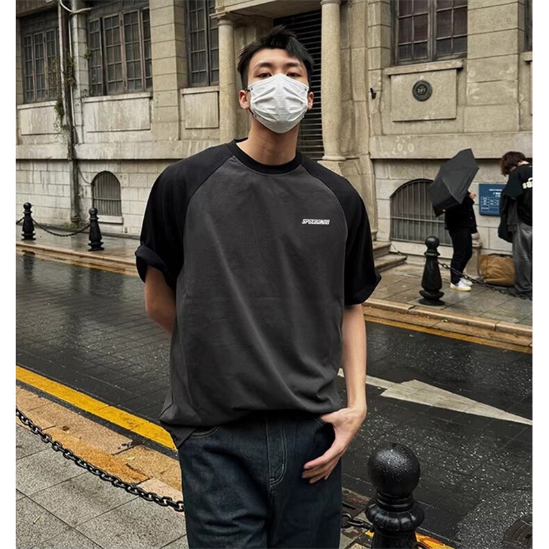 抖音得物高品质二开240克宽松纯棉美式潮牌插肩袖拼接短袖T恤,男装T恤,电商A486