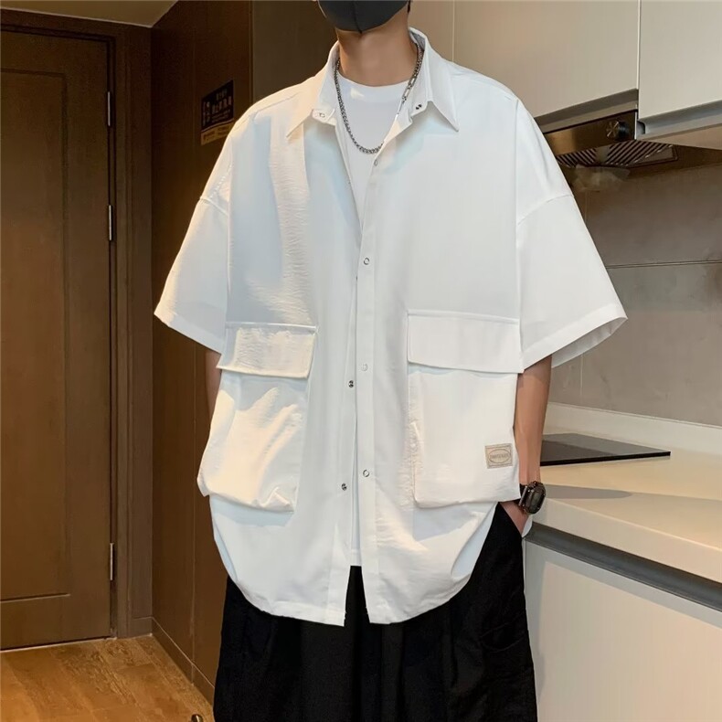 工装短袖衬衫男夏季设计感五分袖衬衣潮牌痞帅休闲外套CS0308-P35,男装衬衫,星座308B-2
