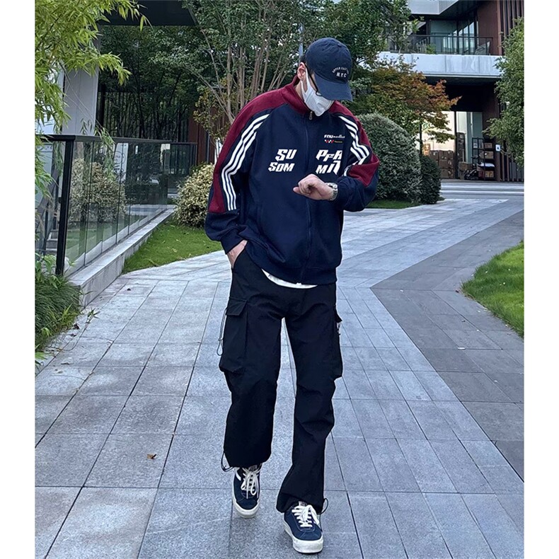抖音得物秋美式高街重磅结构织带拼接撞色立领卫衣外套ACM4104,女装短外套,电商A443