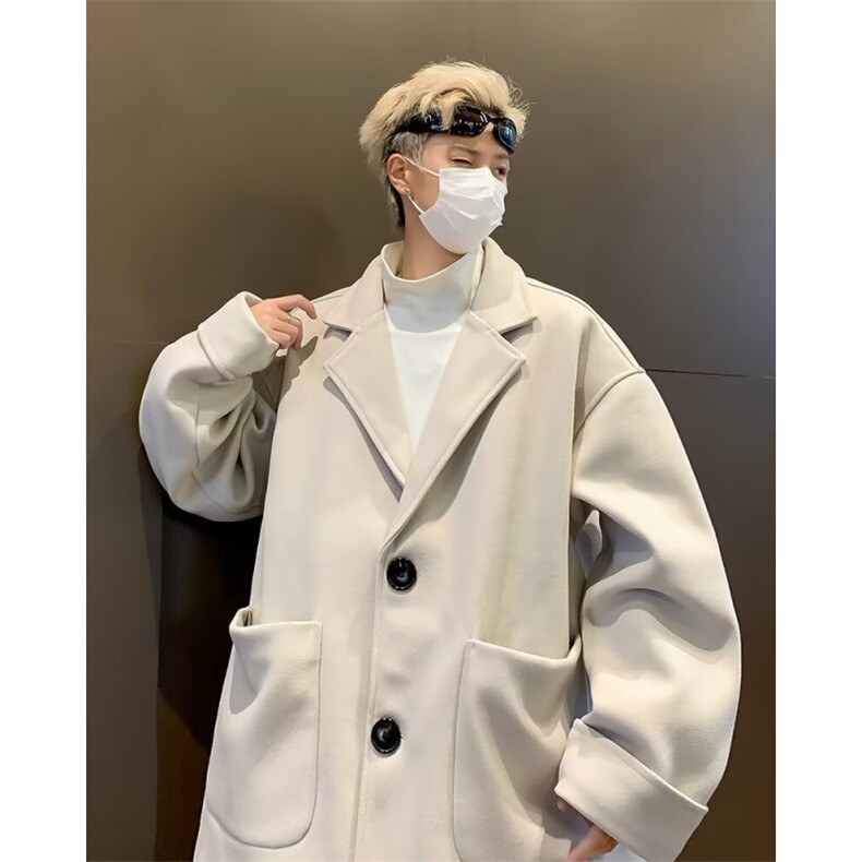 纯色中长款毛呢风衣男装百搭高级感休闲黑色呢子西装英伦外套1180图片
