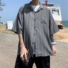 现货夏季条纹短袖衬衫休闲宽松翻领日系潮流ins衬衣W3121-P28,男装衬衫,星座512-2