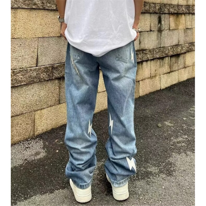 美式高街vibe风复古水洗做旧闪电贴布蓝色牛仔裤男宽松直筒长裤,男装牛仔裤,四季星座505