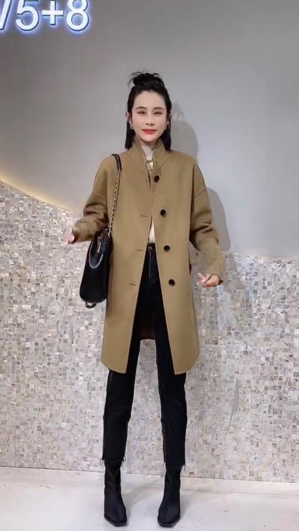 2021秋冬新款欧美风双口袋四粒扣长款螺纹针织袖时尚双面呢,女装其它,L·H·X