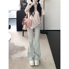 蜜桃芭比蕾丝拼接少女感微喇弹力牛仔裤女夏季高腰显瘦长裤子ins，男装牛仔裤，星座1210-1