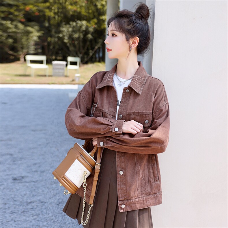 粉色牛仔春秋女2025新款青春减龄甜美学院风宽松半身裙,女装牛仔外套,意芙