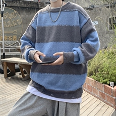 针织衫男女韩版潮流宽松拼色条纹帅百搭2024秋冬ins毛衣MZ452-P41，男装针织衫/毛衣，星座412-2