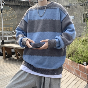 针织衫男女韩版潮流宽松拼色条纹帅百搭2024秋冬ins毛衣MZ452-P41图片