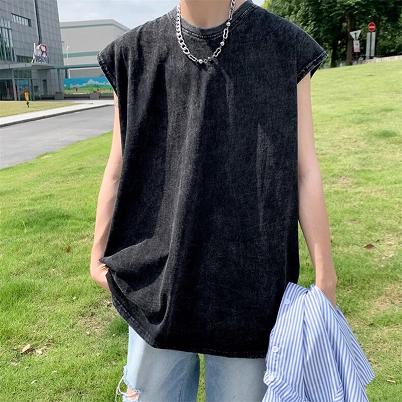 抖音得物品质二开240克重磅美式高街纯棉水洗做旧复古无袖T恤背心,男装T恤,电商A486