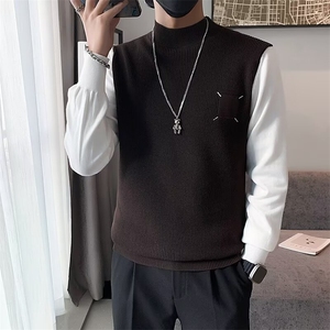 毛衣男秋季新款圆领套头针织衫假两件拼接长袖线衣百搭S585/P50图片