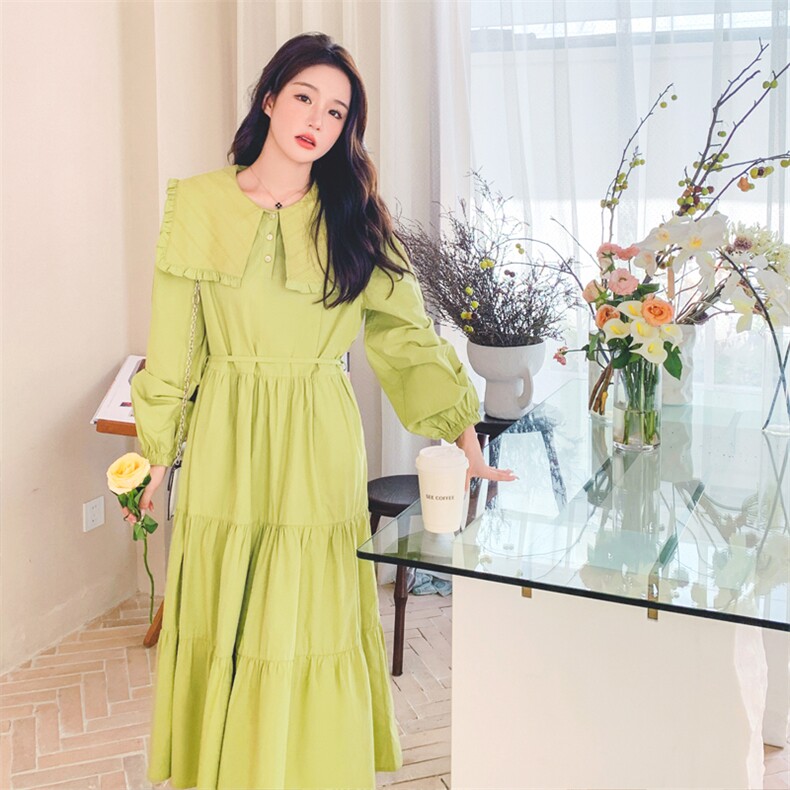 法式绿色海军领蛋糕连衣裙女春装2025年秋冬新款超好看小清新长裙图片