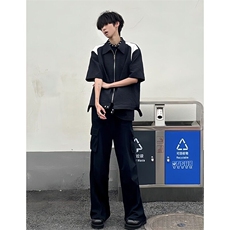 撞色拼接短袖衬衫男垫肩小众设计尼龙褶皱半袖衬衣C2275，男装T恤，星座1116A（原606A-3）