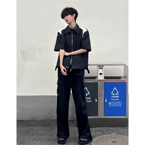 撞色拼接短袖衬衫男垫肩小众设计尼龙褶皱半袖衬衣 C2275图片