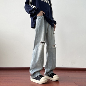 高街美式设计休闲男女直筒破洞牛仔裤百搭宽松阔腿裤C10999-p48图片
