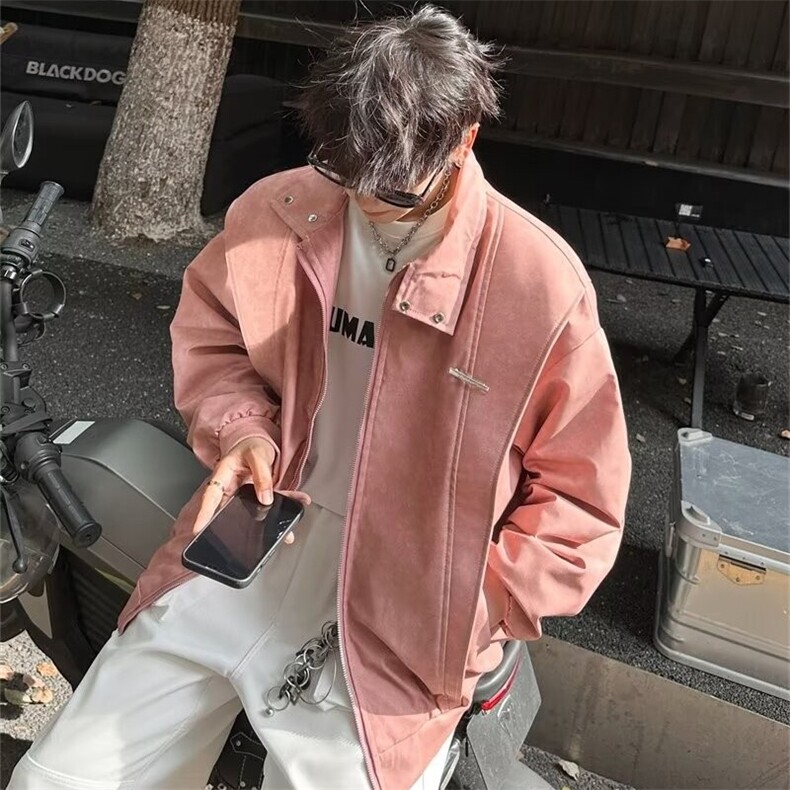 潮美式PU皮立领工装夹克外套女春秋季棕色运动棒球服W194/P75,男装夹克,星座506