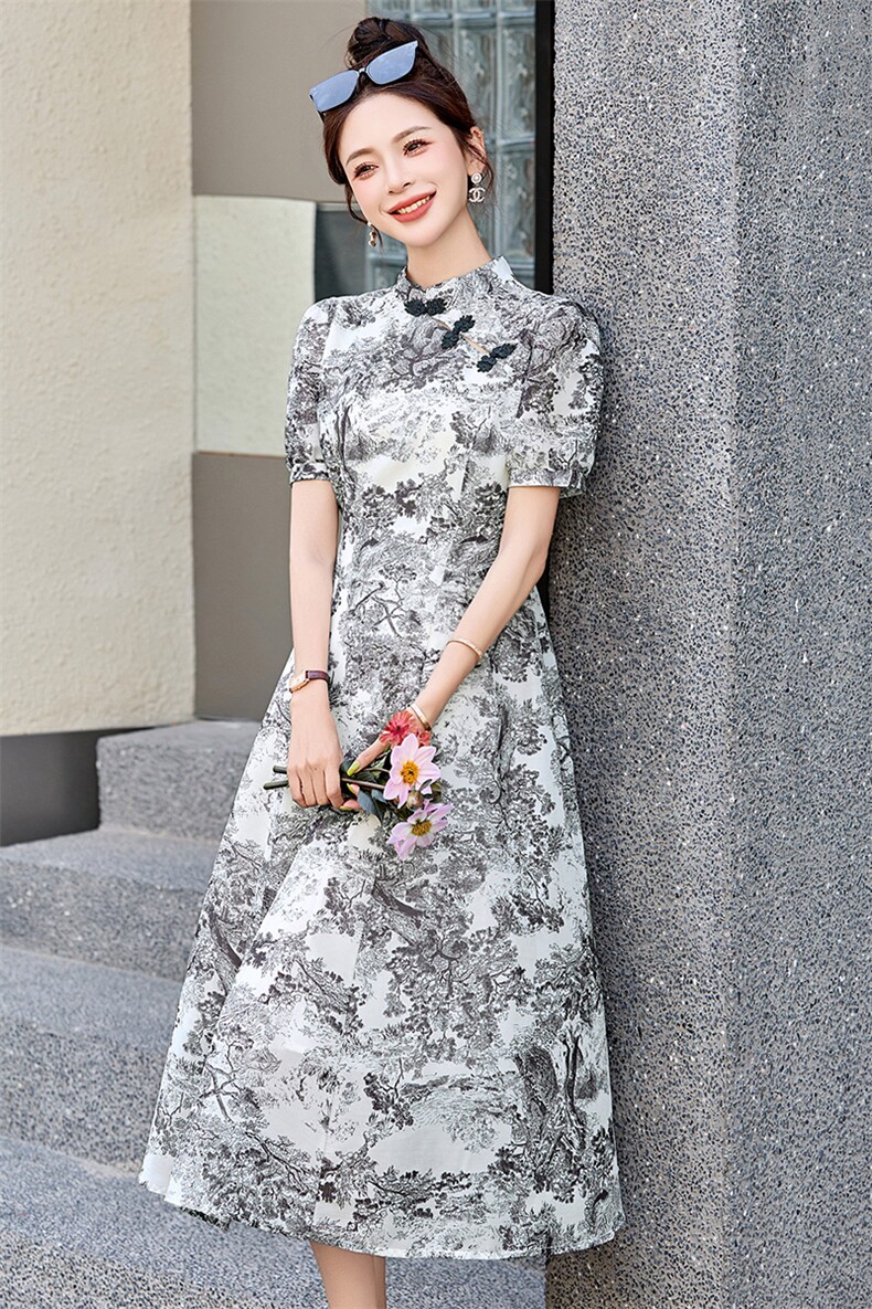 新中式国风改良旗袍连衣裙女2025夏季新款修身显瘦印花绝美长裙子,女装连衣裙,吾爱衣