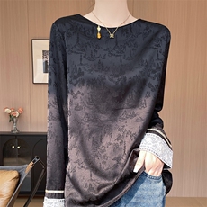 25年春季新款新中式国风醋酸缎面丝滑禅意长袖上衣高级感显瘦衬衣，女装蕾丝衫/雪纺衫，佳绒高端店