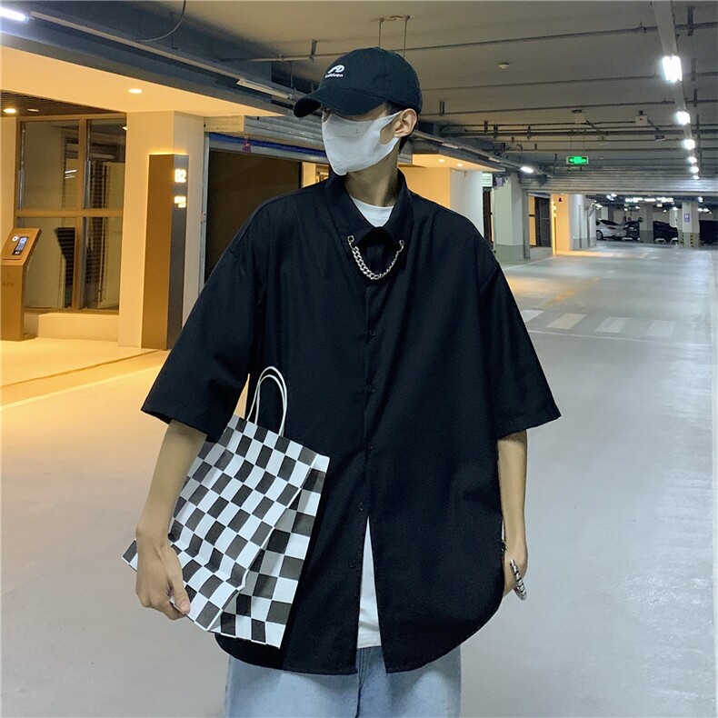 港风大码短袖纯色衬衫青年男生ins宽松情侣衫B299-X5275-P45限65,男装T恤,电商A061-1
