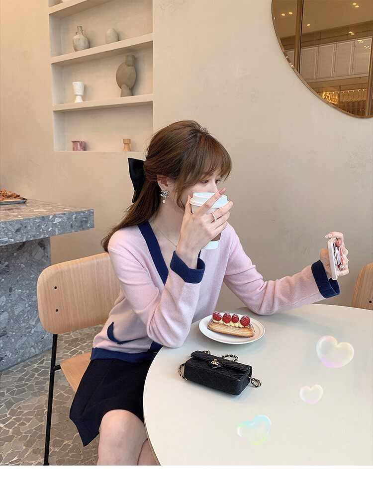 时尚百搭V领小香风开衫品质羊毛针织衫显瘦修身长袖外套,女装羊毛衫,鑫之绒