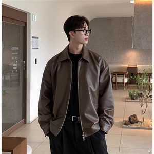 翻领短款皮衣男士美式高街复古高级感痞帅春秋机车服夹克外套图片