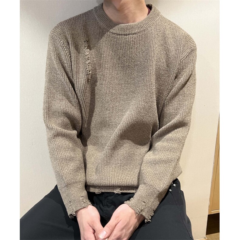 百搭男士圆领毛衣纯色休闲秋冬破洞设计套头毛衣情侣内搭,男装针织衫/毛衣,星座510-1