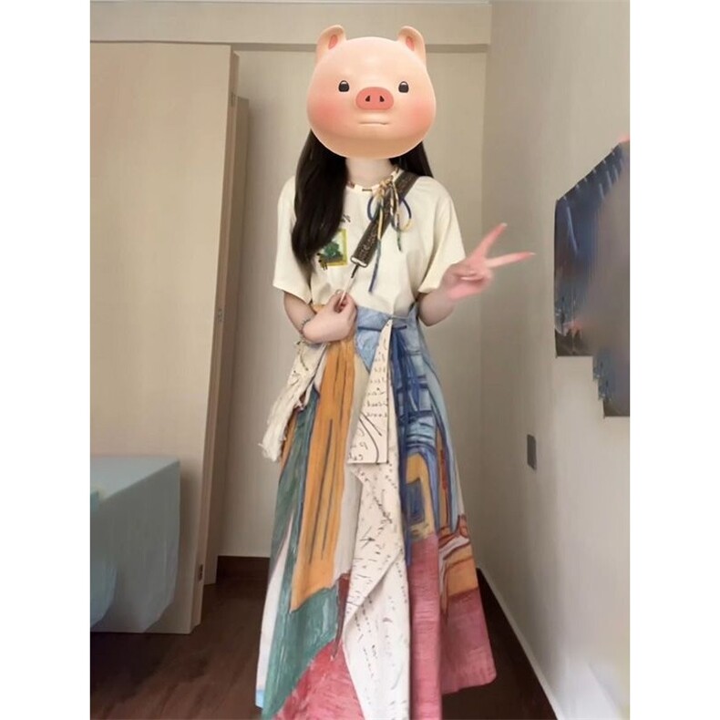 韩系复古梵高不规则半身裙子搭配短袖t恤2025复古文艺女两件套装,男装T恤,星座1210-1