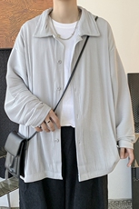 秋装中性港风褶皱纯色宽松长袖衬衫日系男女薄款外套潮H208/P55，男装衬衫，钱塘713