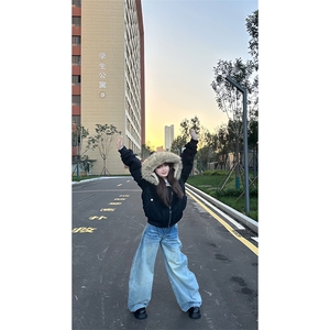 现货重磅boxy短款棉衣座山雕大毛毛领男女棉服水洗工装厚外套图片