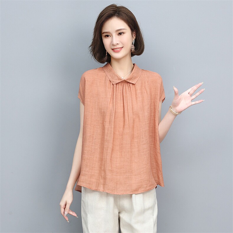 2022年夏季新款苎麻衬衫女短袖简约衬衣妈妈棉麻夏装上衣,女装衬衫,忆绮罗