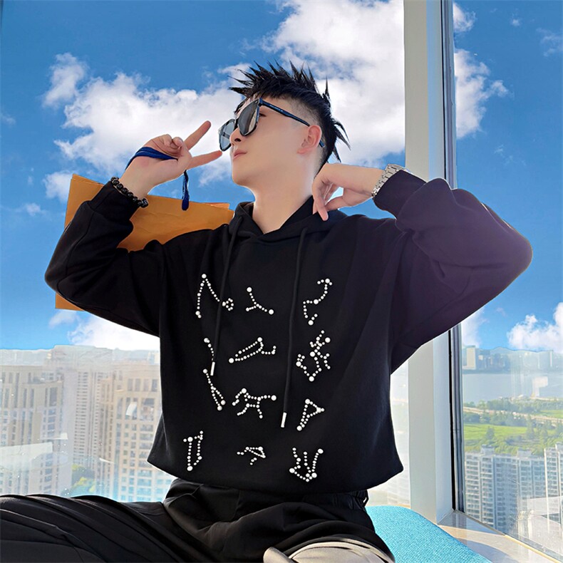 AW215/P88控118秋季社会小伙连帽珍珠韩版设计感打底卫衣男黑首,男装T恤,星座305B-1