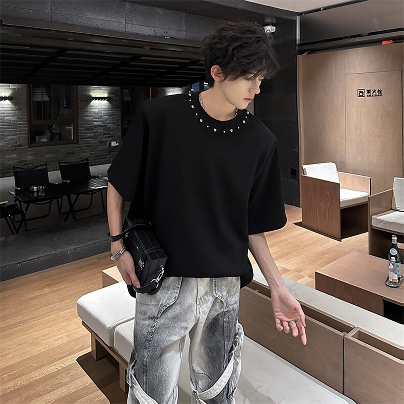 现货2025夏新垫肩珍珠设计款男大潮T恤A071-T60-P38,男装T恤,电商A071