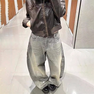 美式高腰复古水洗牛仔长裤男女立体剪裁廓形高腰阔腿宽松长裤图片