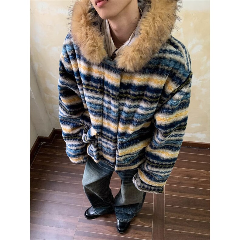 网图美潮费尔岛羊羔绒可拆卸毛领棉服外套W1893/特P128,男装棉衣,电商B350