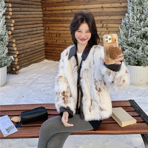 韩系设计感拼皮仿皮草女2025冬季新款小个子加厚保暖短款毛毛外套图片