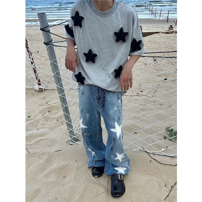 油漆涂鸦五角星牛仔裤男女款做旧宽松直筒裤XX725图片