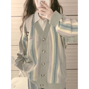 美式拼接彩色条纹针织衫毛衣女春秋季2026新款慵懒风宽松连帽开衫图片