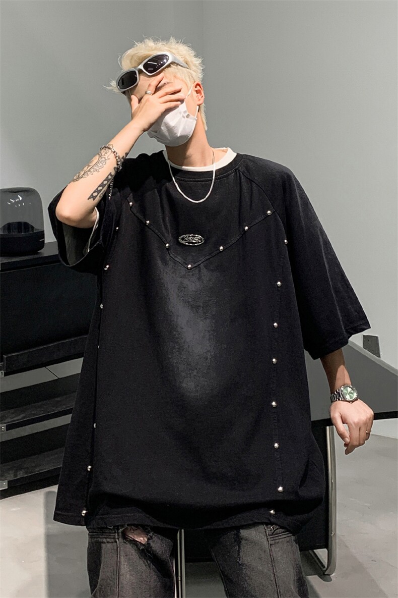 水洗做旧短袖t恤男夏季美式复古铆钉解构上衣XZ514-2-202438-P68,男装T恤,星座514-2(原B239)