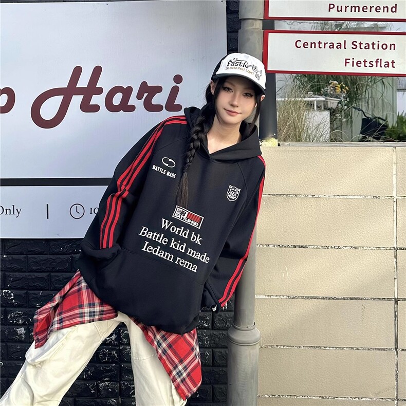 徽章织带连帽卫衣男女秋冬潮牌刺绣宽松运动情侣帽衫外套WY801,女装短外套,星座516A