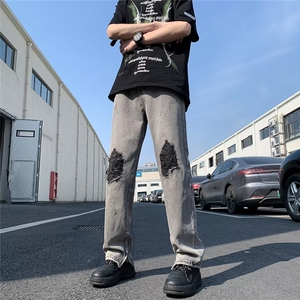 高街破洞牛仔裤男欧美痞帅拉链牛仔裤膝盖贴布1001-1-XN835-P48图片