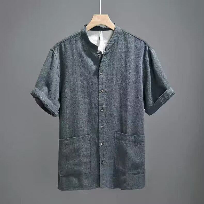 简麻品质男装夏纯色苎麻休闲薄款棉麻立领短袖衬衫短袖LS2001P38,男装T恤,星座1013-1
