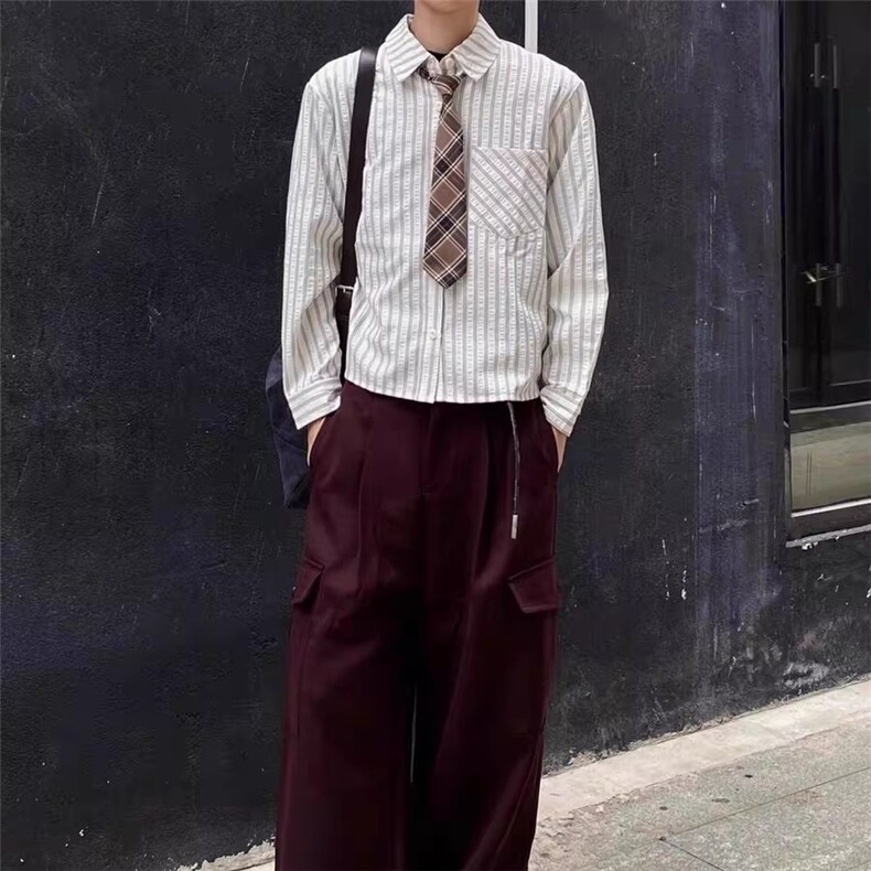 泡泡纱打底衬衫高智感休闲正肩长袖男女复古条纹衬衣BCS29,男装T恤,星座208-5
