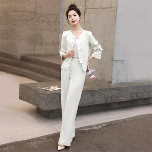 新中式国风套装女2024春秋新款禅意茶服复古盘扣唐装阔腿裤两件套图片