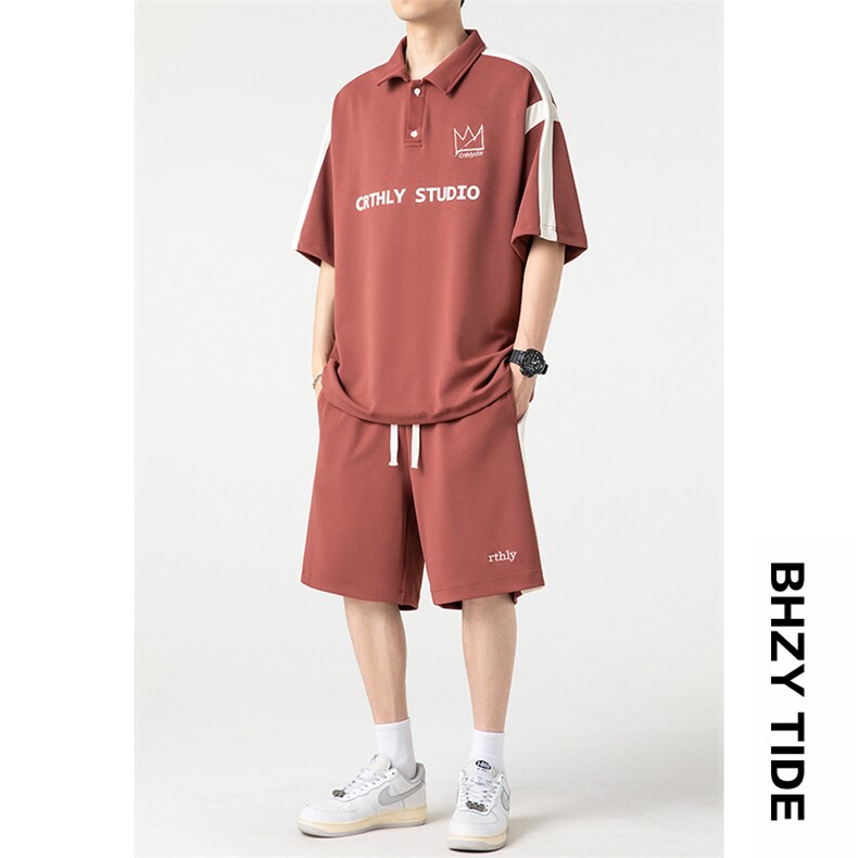 夏季新款polo领短袖T恤套装男宽松大码短裤两件套XZ80029-P70图片