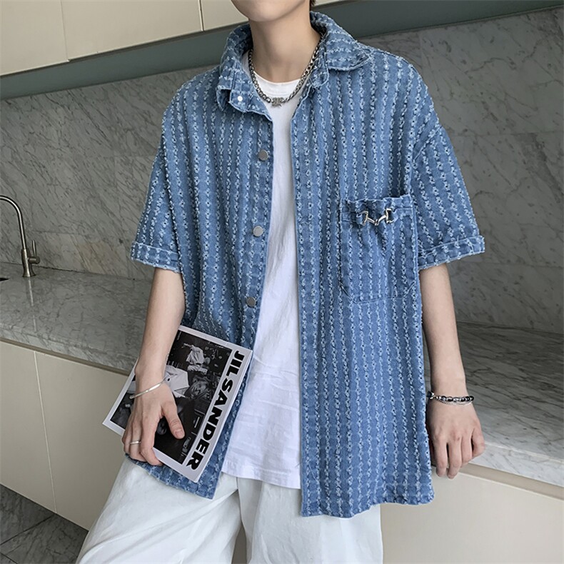牛仔衬衫男破洞韩版潮流高街帅2022夏季新款ins宽松外套W2714-P48,男装衬衫,星座412-2