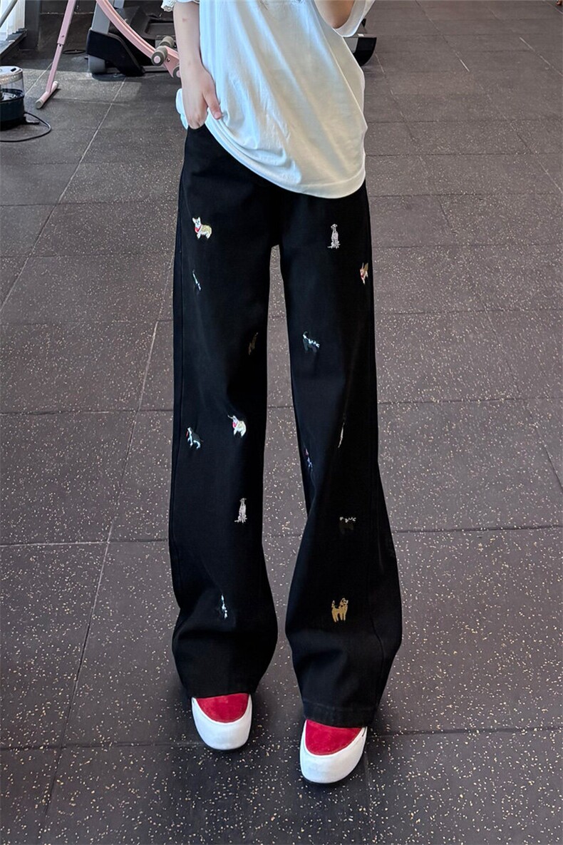 黑色线条小狗刺绣弯刀牛仔裤男款美式高街vibe裤子直筒显瘦微喇裤,男装牛仔裤,星座610A